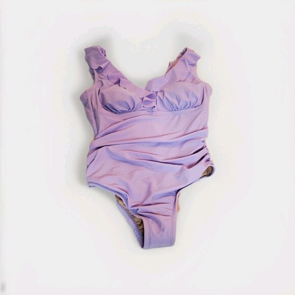 Women's Ruffle Plunge One Piece Swimsuit Shade & Shore Lavender Purple Size 16 - Picture 8 of 8